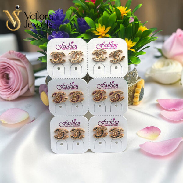 Double C Style Stud Earrings for Women Girls – Golden Crystal Designer Earrings Luxury Logo Style Fancy Party Wear Jewelry Single Pair Pakistan