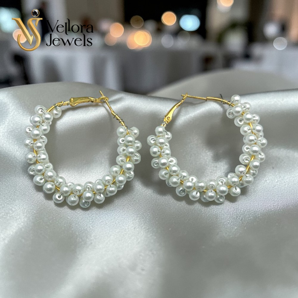 Black / White beaded Hoop Earrings for Women Girls - Image 3