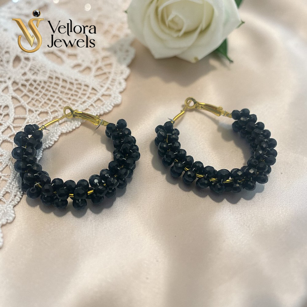 Black / White beaded Hoop Earrings for Women Girls - Image 2