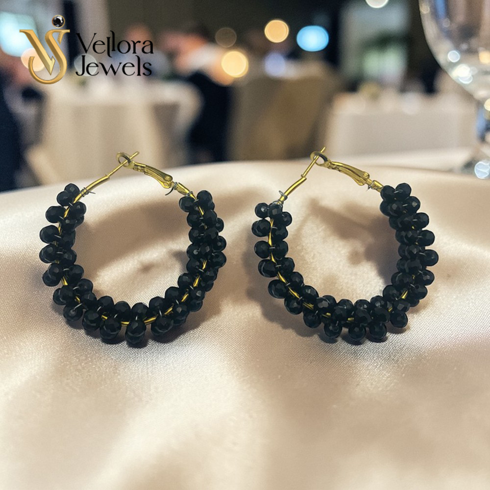 Black / White beaded Hoop Earrings for Women Girls - Image 4