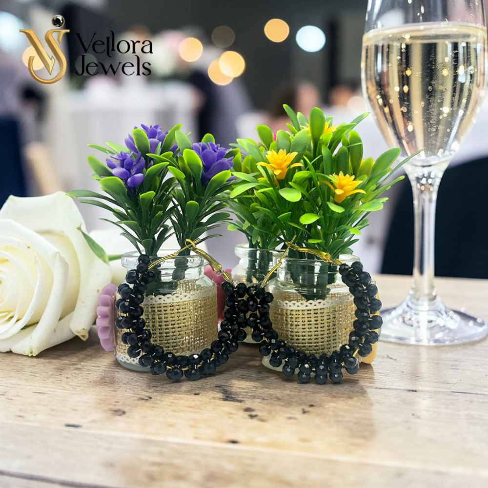 Black / White beaded Hoop Earrings for Women Girls - Image 6