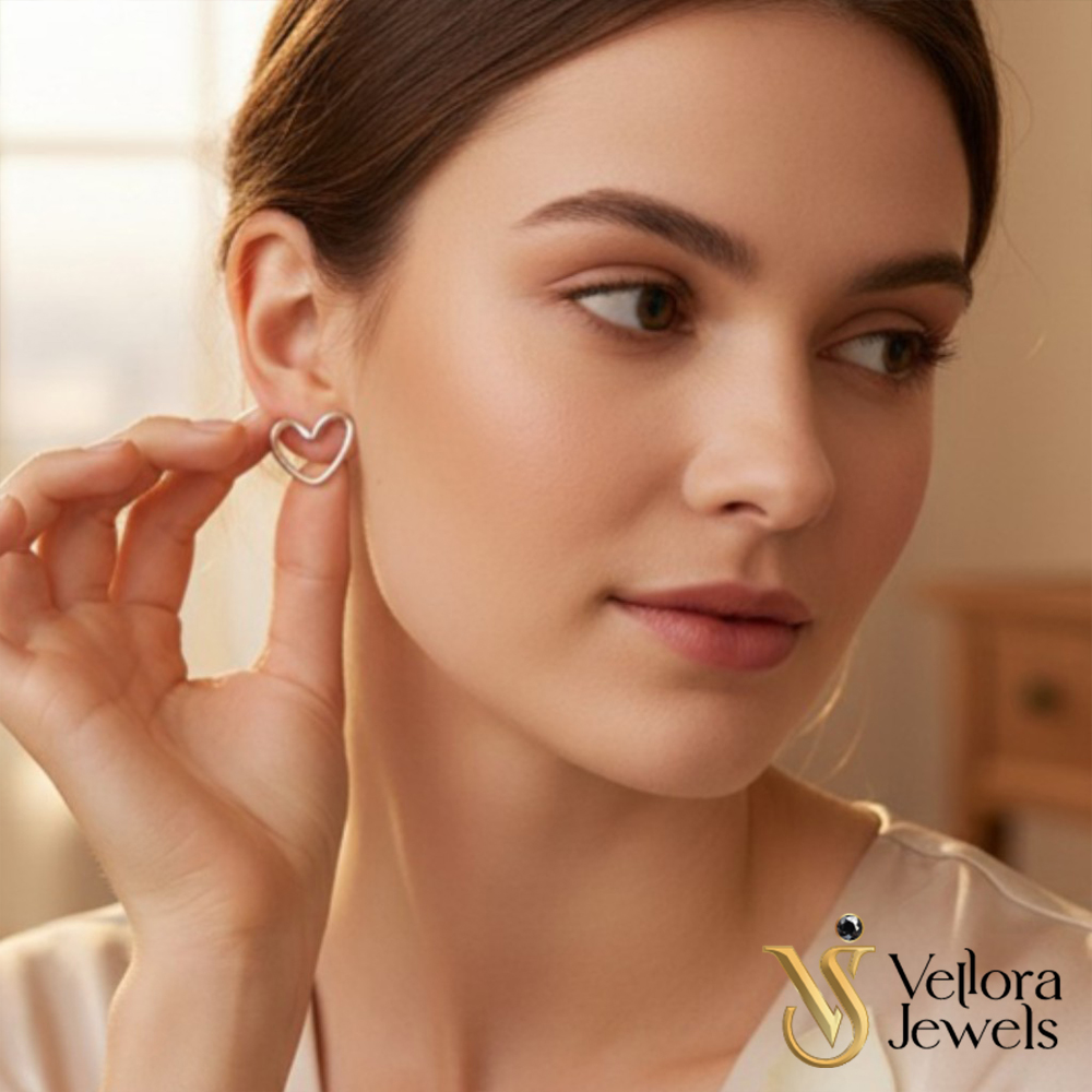 Silver Heart Earrings for Women Girls – Minimal Open Heart Stud Earrings Simple Cute Daily Wear Jewelry Single Pair Pakistan - Image 3