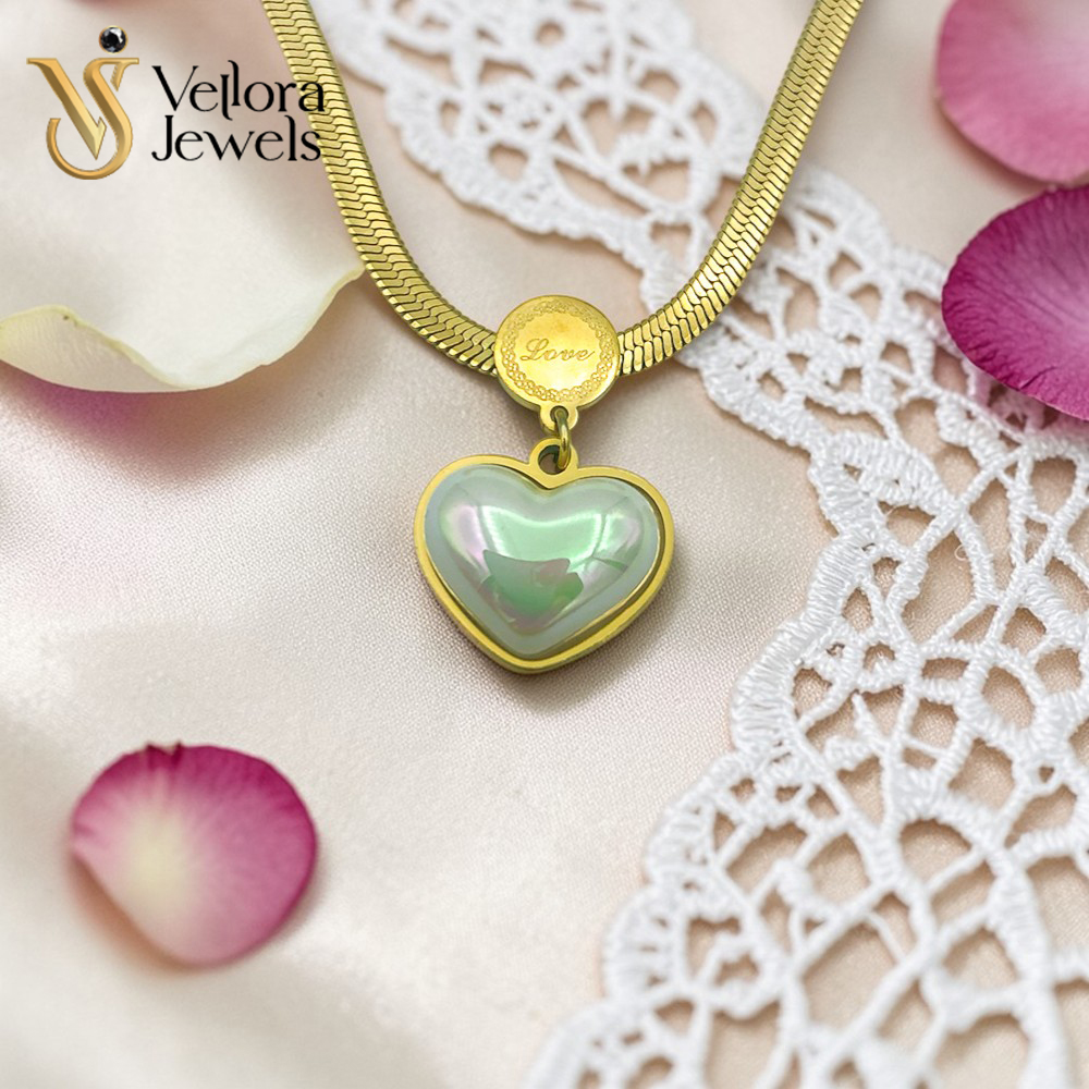 18K Yellow Gold White Heart Pendant Necklace for Women Girls - Image 2