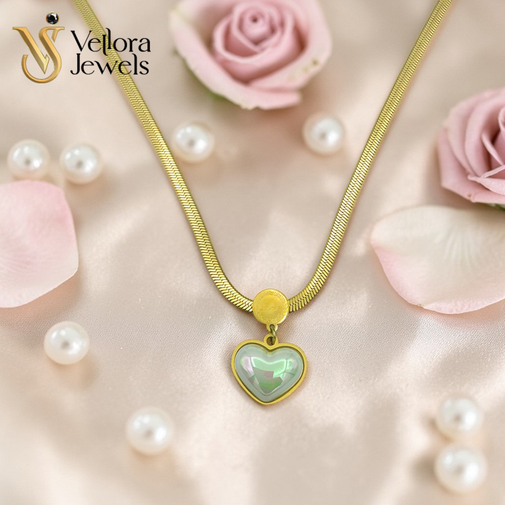 18K Yellow Gold White Heart Pendant Necklace for Women Girls
