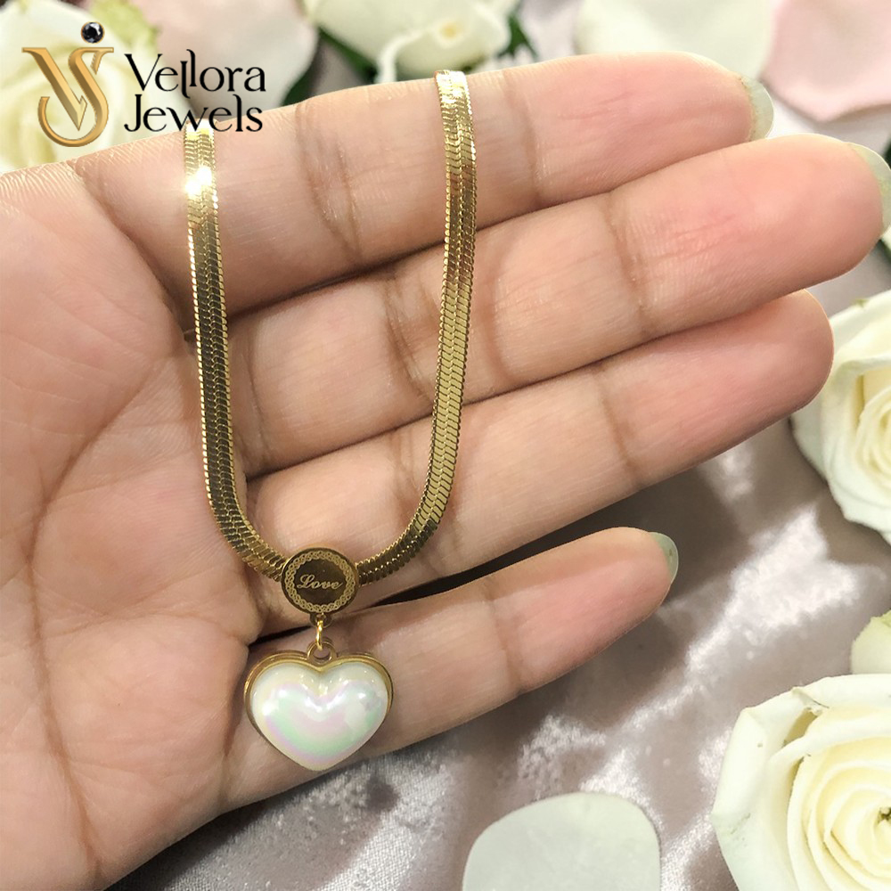 18K Yellow Gold White Heart Pendant Necklace for Women Girls - Image 5